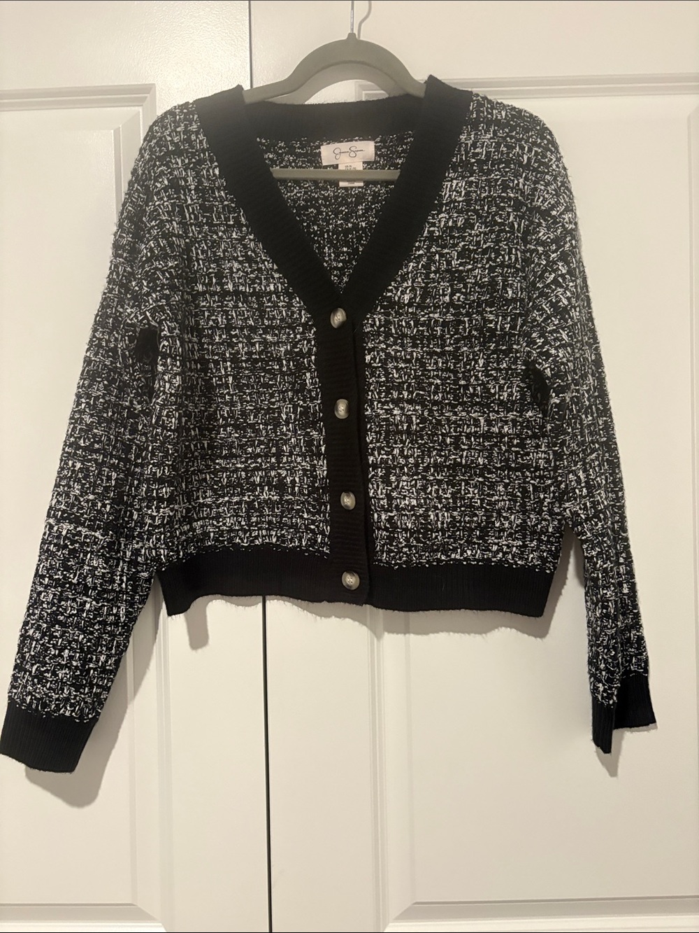 Jessica Simpson Black & White Tweed-Style Button Cardigan